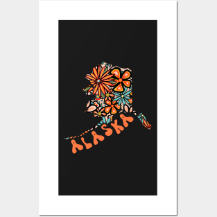 Alaska State Design | Artist Designed Illustration Featuring Alaska State Outline Filled With Retro Flowers with Retro Hand-Lettering Posters and Art